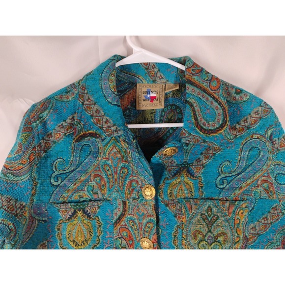 Vintage Don't Mess With Texas Womens SMALL Blue Tapestry Blazer Gold Buttons - Picture 2 of 15
